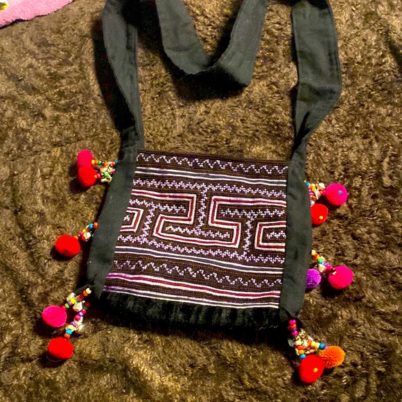 unbranded Handbags - Handmade handbag from Taiwan black with print bells and pompoms adorn sides